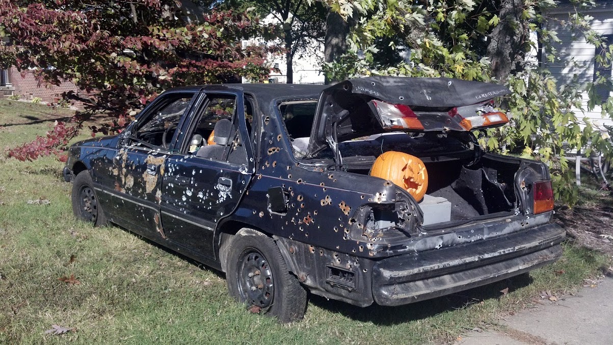 Car shot up with gunfire for halloween